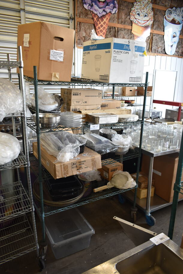ALL ONE MONEY! Lot of Various Items on Shelving Unit Including Utensils, Serving Trays and Metal Dome Covers. Does Not Include Shelving Unit.  - Image 1 of 12