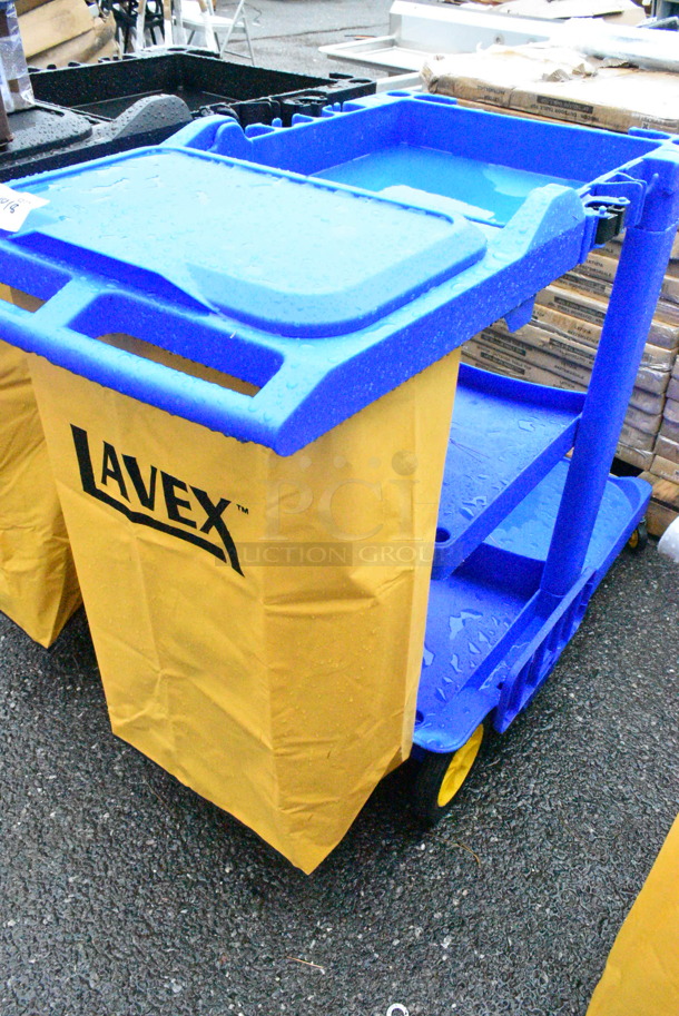 BRAND NEW SCRATCH AND DENT! Lavex 274BLUCARTWB Premium Blue 3-Shelf Janitor Cart Kit with Yellow Bag, Black Zipper Bag and Lid - Image 1 of 8