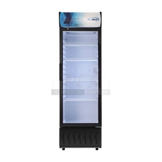 BRAND NEW SCRATCH AND DENT! KoolMore MDR-9CP Metal Commercial Single Door Reach In Cooler Merchandiser w/ Poly Coated Racks. 115 Volts, 1 Phase. Tested and Working!