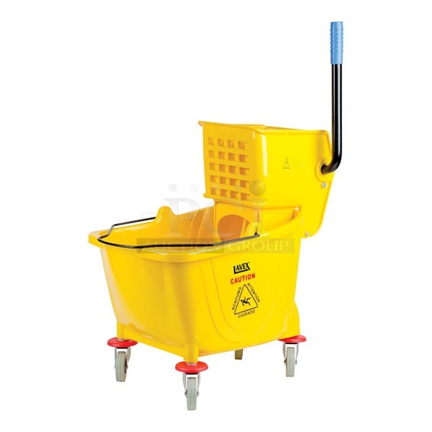 BRAND NEW SCRATCH AND DENT! Lavex Yellow Poly Mop Bucket w/ Wringing Attachment and Commercial Casters.