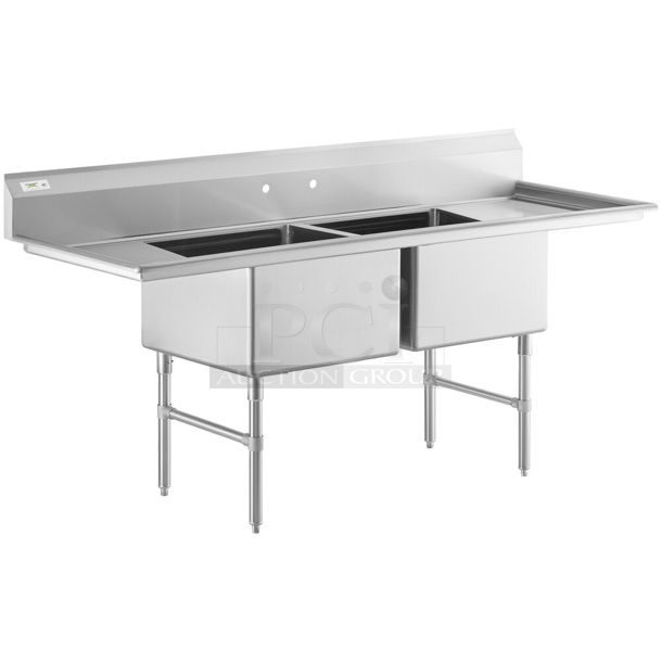 BRAND NEW SCRATCH AND DENT! Regency 600S22424224 16 Gauge Stainless Steel Two Compartment Commercial Sink with Stainless Steel Legs, Cross Bracing, and 2 Drainboards - 24