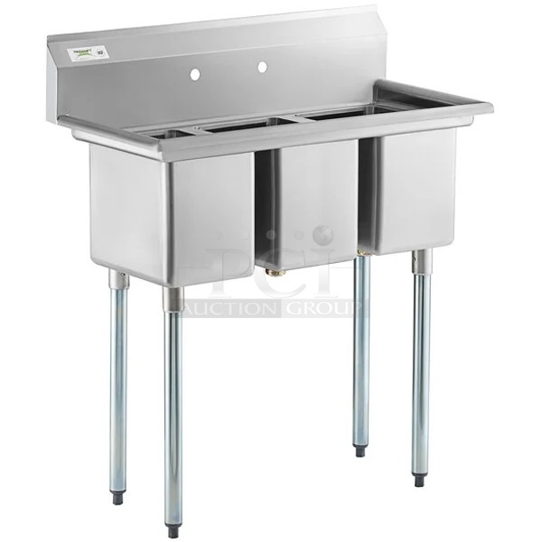 BRAND NEW SCRATCH AND DENT! Regency 600S31014 39" 16-Gauge Stainless Steel Three Compartment Commercial Sink with Galvanized Steel Legs and without Drainboards - 10" x 14" x 12" Bowls - Image 1 of 9