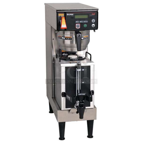 BRAND NEW SCRATCH AND DENT! 2024 Bunn SINGLE AXIOM 15 Stainless Steel Commercial Countertop Single 1 Gallon Coffee Brewer w/ Hot Water Dispenser, Metal Brew Basket and Server Satellite. 120 Volts, 1 Phase. 