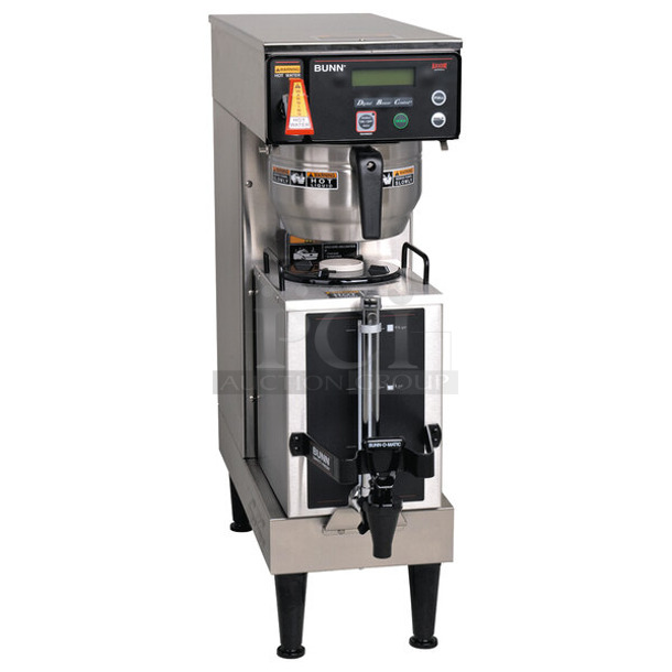 BRAND NEW SCRATCH AND DENT! 2024 Bunn SINGLE AXIOM 15 Stainless Steel Commercial Countertop Single 1 Gallon Coffee Brewer w/ Hot Water Dispenser, Metal Brew Basket and Server Satellite. 120 Volts, 1 Phase.  - Image 1 of 8