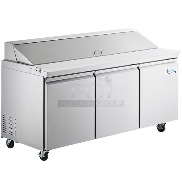 BRAND NEW SCRATCH AND DENT! 2023 Avantco 178SSPT71HC Stainless Steel Commercial Sandwich Salad Prep Table Bain Marie Mega Top on Commercial Casters. 115 Volts, 1 Phase. Tested and Working! - Image 1 of 11