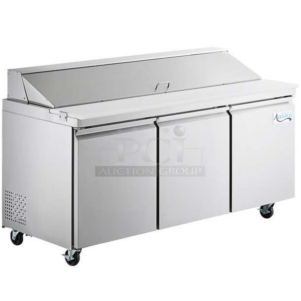 BRAND NEW SCRATCH AND DENT! 2023 Avantco 178SSPT71HC Stainless Steel Commercial Sandwich Salad Prep Table Bain Marie Mega Top on Commercial Casters. 115 Volts, 1 Phase. Tested and Working! - Item #1113078
