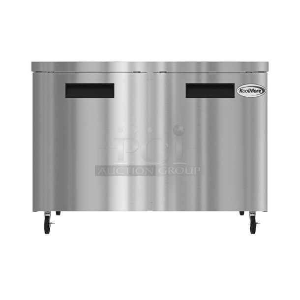 BRAND NEW SCRATCH AND DENT! 2023 KoolMore KM-UCR-2DSS Stainless Steel Commercial 2 Door Undercounter Cooler on Commercial Casters. 115 Volts, 1 Phase. Tested and Working! - Image 1 of 8