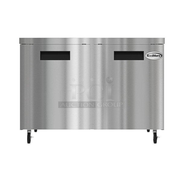 BRAND NEW SCRATCH AND DENT! 2023 KoolMore KM-UCR-2DSS Stainless Steel Commercial 2 Door Undercounter Cooler on Commercial Casters. 115 Volts, 1 Phase. - Item #1113553