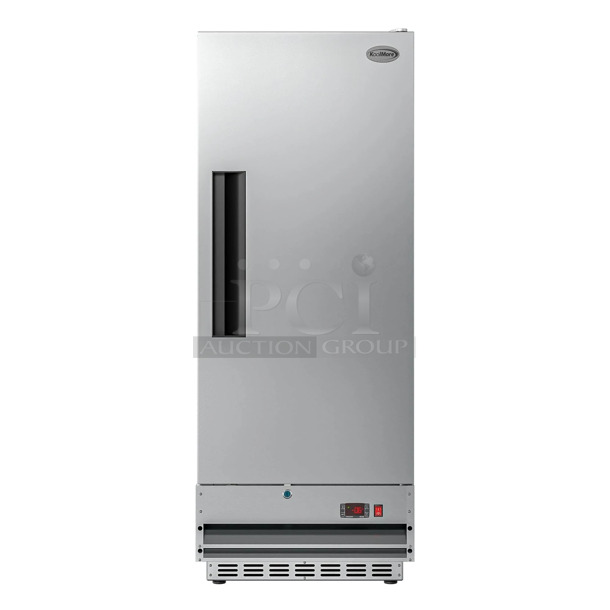 BRAND NEW SCRATCH AND DENT! KoolMore RIF-1D-SS12C Stainless Steel Commercial Single Door Reach In Freezer w/ Poly Coated Racks. Door Needs To Be Fixed; Won't Shut. 115 Volts, 1 Phase. Tested and Working! - Image 1 of 7