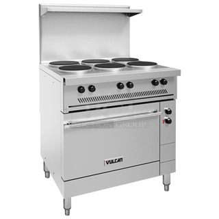 BRAND NEW! Vulcan EV36S-6FP208 Endurance Series Stainless Steel Commercial 36" Electric Powered 6 French Plate Range w/ Oven and Back Splash. 208 Volts, 1/3 Phase.