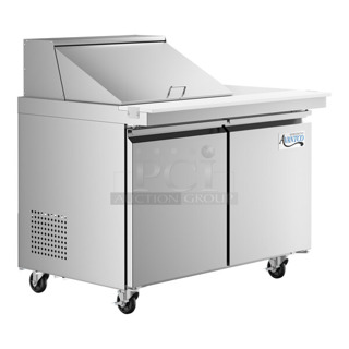 BRAND NEW SCRATCH AND DENT! 2023 Avantco 178SSPTM4812 Stainless Steel Commercial Sandwich Salad Prep Table Bain Marie Mega Top on Commercial Casters. 115 Volts, 1 Phase. Tested and Working!