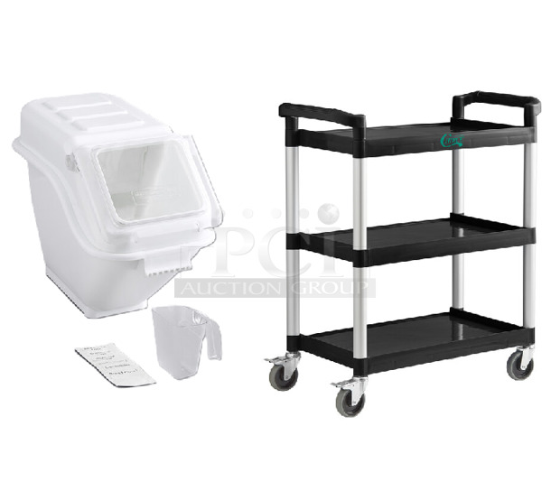 4 BRAND NEW SCRATCH AND DENT! Two Baker's Mark 176IB100 6.3 Gallon / 100 Cup Shelf Ingredient Bin with Flip Lid, Label Sheet, and Scoop, 2 Choice 109CARTBUSBK Black Utility / Bussing Cart with Three Shelves - 32" x 16". 4 Times Your Bid! May Be Missing Pieces. - Image 1 of 3