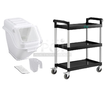 4 BRAND NEW SCRATCH AND DENT! Two Baker's Mark 176IB100 6.3 Gallon / 100 Cup Shelf Ingredient Bin with Flip Lid, Label Sheet, and Scoop, 2 Choice 109CARTBUSBK Black Utility / Bussing Cart with Three Shelves - 32" x 16". 4 Times Your Bid! May Be Missing Pieces.