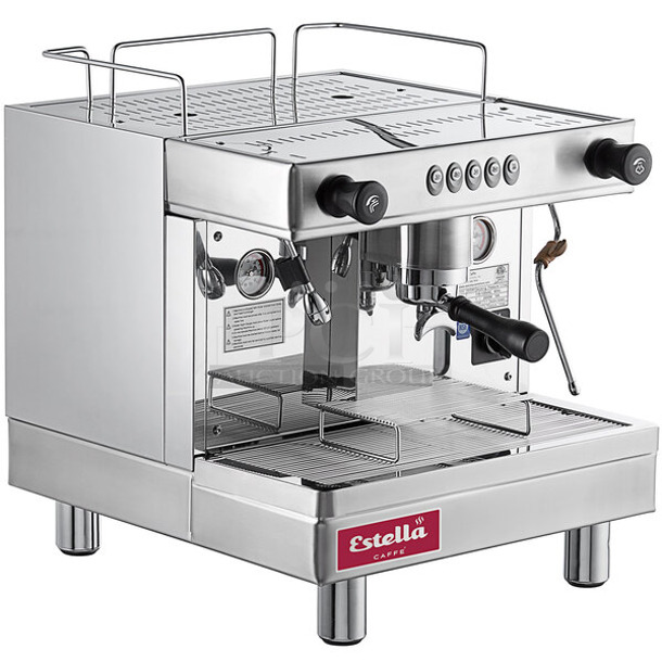BRAND NEW SCRATCH AND DENT! Estella 236ECEM1 Stainless Steel Commercial Countertop Single Group Automatic Espresso Machine w/ Portafilter and Steam Wand. 110-120 Volts, 1 Phase.  - Image 1 of 8