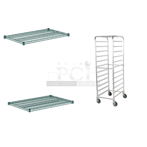 3 BRAND NEW SCRATCH AND DENT! Items; Regency 460EG2136 21" x 36" NSF Green Epoxy Wire Shelf, Regency 460EG2436 24" x 36" NSF Green Epoxy Wire Shelf, Regency 600PR125K 12 Pan End Load Bun / Sheet Pan Rack - Unassembled. 3 Times Your Bid! May Be Missing Pieces. - Image 1 of 4