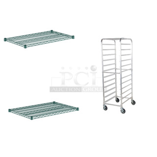 3 BRAND NEW SCRATCH AND DENT! Items; Regency 460EG2136 21" x 36" NSF Green Epoxy Wire Shelf, Regency 460EG2436 24" x 36" NSF Green Epoxy Wire Shelf, Regency 600PR125K 12 Pan End Load Bun / Sheet Pan Rack - Unassembled. 3 Times Your Bid! May Be Missing Pieces.