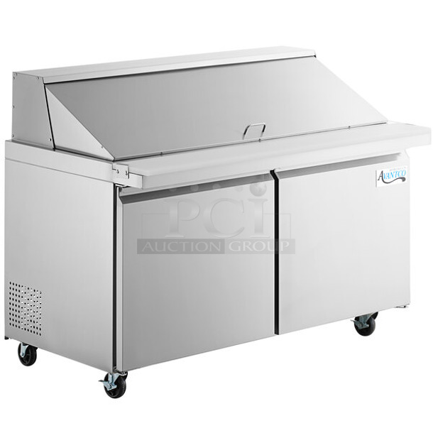 BRAND NEW SCRATCH AND DENT! 2023 Avantco 178SSPT60MHC Stainless Steel Commercial Sandwich Salad Prep Table Bain Marie Mega Top w/ Commercial Casters. See Pictures for Crushed Top. 115 Volts, 1 Phase. Tested and Powers On But Does Not Get Cold
 - Image 1 of 9