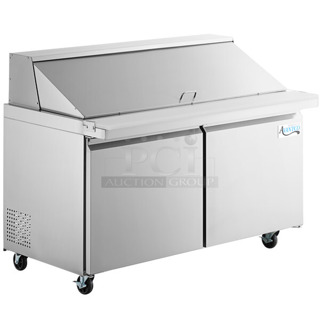 BRAND NEW SCRATCH AND DENT! 2023 Avantco 178SSPT60MHC Stainless Steel Commercial Sandwich Salad Prep Table Bain Marie Mega Top w/ Commercial Casters. See Pictures for Crushed Top. 115 Volts, 1 Phase. Tested and Powers On But Does Not Get Cold
