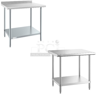 2 BRAND NEW SCRATCH AND DENT! Items; Steelton 522ETSG30362 30" x 36" 18 Gauge 430 Stainless Steel Work Table with Undershelf and 2" Rear Upturn and Regency 600TSS3036S Spec Line 30" x 36" 14 Gauge Stainless Steel Commercial Work Table with Undershelf. 2 Times Your Bid! 