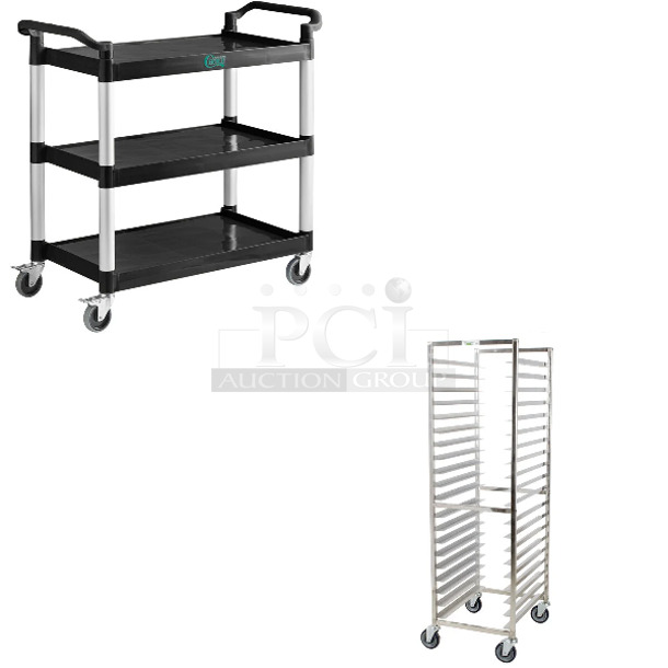3 BRAND NEW SCRATCH AND DENT! Items Including Choice 109CARTBLGBK Black Utility / Bussing Cart with Three Shelves - 42" x 20", Regency 600PR20316K 20 Pan End Load Stainless Steel Bun / Sheet Pan Rack - Unassembled, 2500 Standard Utililty Cart. 3 Times Your Bid! May Be Missing Pieces.  - Image 1 of 5