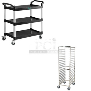 3 BRAND NEW SCRATCH AND DENT! Items Including Choice 109CARTBLGBK Black Utility / Bussing Cart with Three Shelves - 42" x 20", Regency 600PR20316K 20 Pan End Load Stainless Steel Bun / Sheet Pan Rack - Unassembled, 2500 Standard Utililty Cart. 3 Times Your Bid! May Be Missing Pieces. 