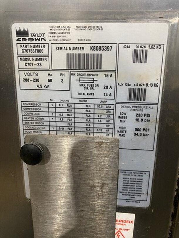 Taylor Crown Commercial Single Flavor Ice Cream Machine! All Stainless Steel! Model: C70733 SN: K8085397 208/230V 60HZ 3 Phase - Image 9 of 9