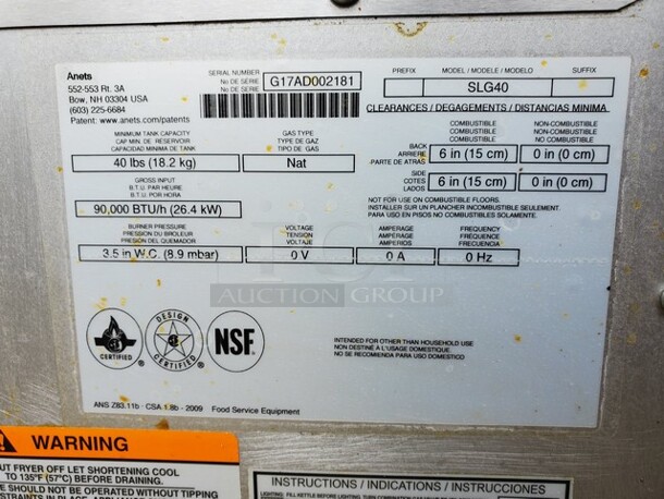 ANETS SLG40 Propane Floor model Lbs. 40 Tank Capacity Fryer 16X28X36 Like New! - Image 4 of 6