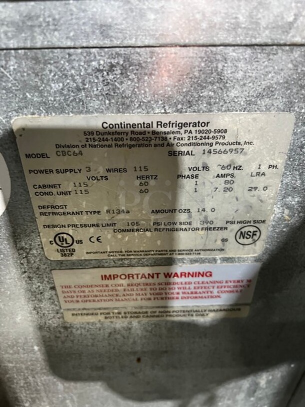 Continental Commercial Under The Counter Beer Bottle Cooler! With 2 Stainless Steel Sliding Top Doors! Model: CBC64 SN: 14566957 115V 60HZ 1 Phase - Image 7 of 8