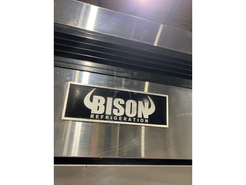 LATE MODEL! 2021 Bison All Stainless Stell Commercial Double Door Reach In Cooler! On Commercial Casters! Working When Removed! MODEL: BRR-46 SN: BRR-4600321052900K8008 1PH!
 - Image 8 of 9