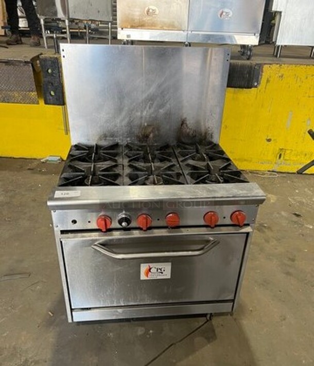 CPG Commercial Natural Gas Powered 6 Burner Stove! With Raised Back Splash! With Oven Underneath! All Stainless Steel! On Casters! Model: 36CPGV6B30N SN: 996991412030