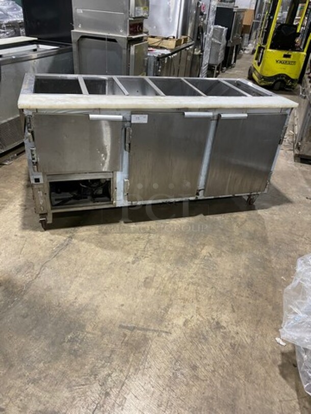 Leader Commercial Refrigerated Sandwich Prep Table! With Commercial Cutting Board! With 3 Door Storage Space Underneath! All Stainless Steel! On Casters! Model: LM72S/C SN: PU06M0041B 115V 60HZ 1 Phase