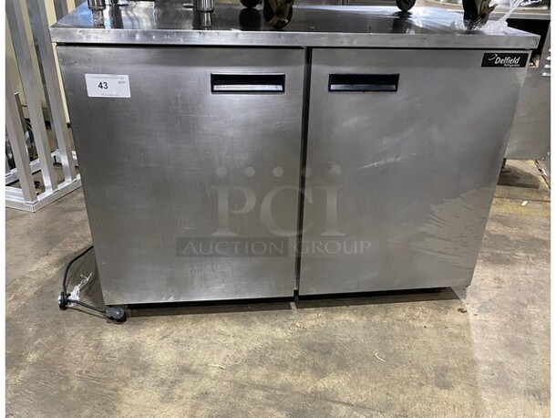 DELFIED Stainless Steel 2 Door  Worktop/Lowboy  Refrigerator W/ Poly Coated Racks! On Casters! Model UC4048 Serial 1101152001932 115V/60Hz/1 Phase  - Image 1 of 8