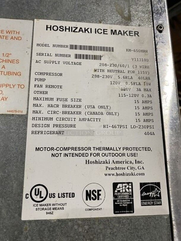 Hoshizaki Ice Maker! Model KM650MRH Serial V11310D! 208/230V 1 Phase!  - Image 5 of 7