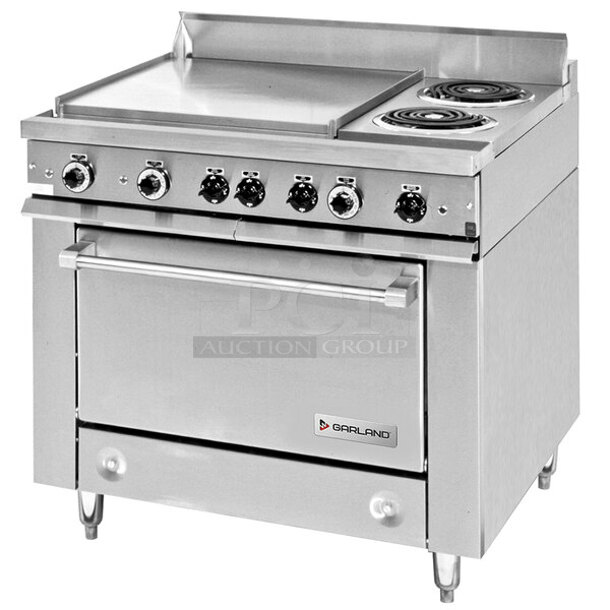 BRAND NEW SCRATCH AND DENT! 2023 Garland 36ES32-3 Stainless Steel Commercial Electric Powered Flat Top Griddle w/ 2 Right Side Burners and Under Shelf. 208 Volts, 1/3 Phase. 