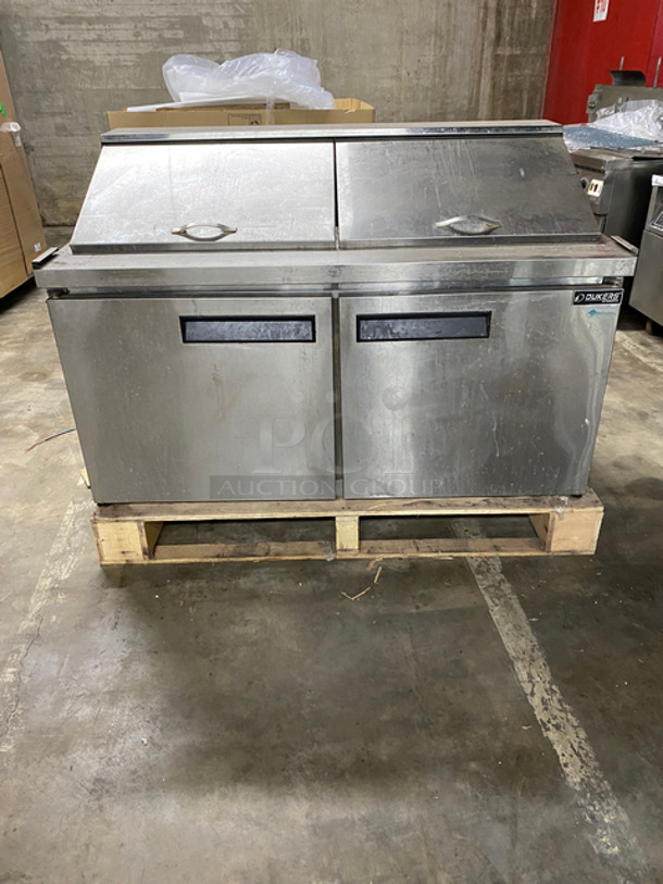 SCRATCH & DENT! Dukers Commercial Refrigerated Sandwich Prep Table!  With 2 Door Storage Space Underneath! Poly Coated Racks! Solid Stainless Steel! Powers On, Doesn't Go Down To Temp! Model: DSP60 115V 60HZ 1 Phase