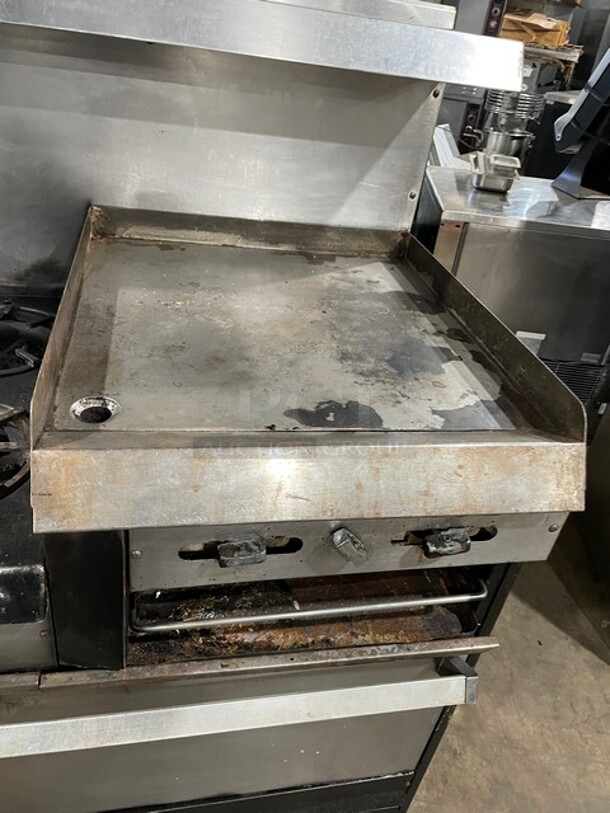 Garland Natural Gas Powered 6 Burner Stove With Raised 24" Flat Griddle & Cheese Melter Combo! With 2 Full Size Ovens Underneath!  With Backsplash & Overhead Salamander Shelf! On Legs! - Image 7 of 9