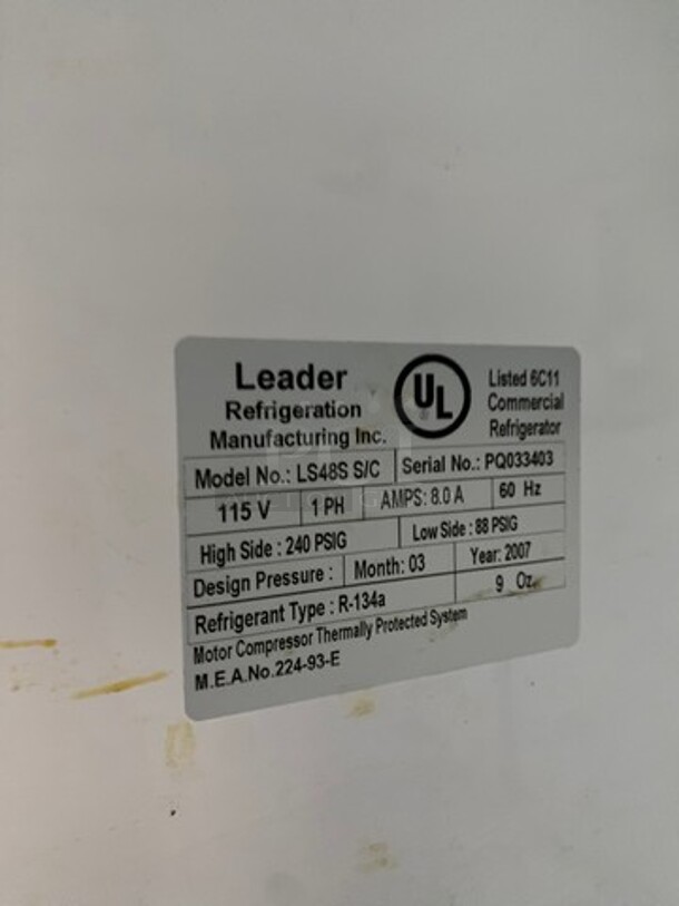 2007 Leader Commercial 2 Door Reach In Cooler Merchandiser! With View Through Doors! With Poly Coated Racks! All Stainless Steel! Model: LS48SSC SN: PQ033403 115V 60HZ 1 Phase - Image 7 of 8