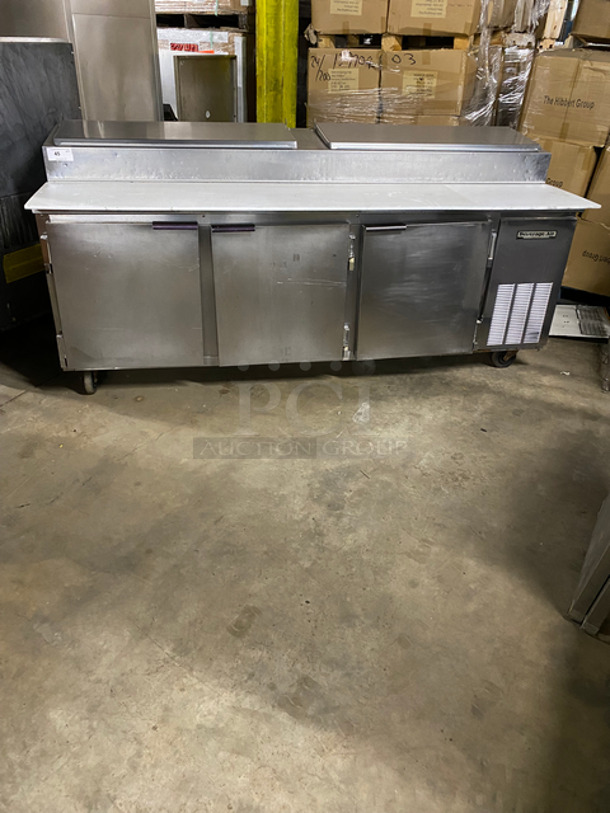 Beverage Air Commercial Refrigerated Pizza Prep Table! With Commercial Cutting Board! With 3 Door Underneath Storage Space! All Stainless Steel! On Casters! Model: DP93 SN: 4907837 115V 60HZ 1 Phase