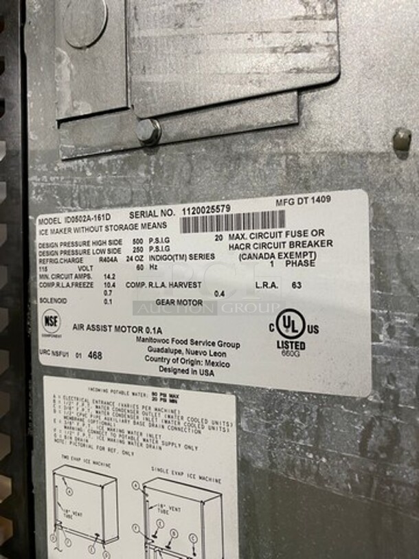 Manitowoc Commercial Ice Making Machine! With Commercial Ice Bin Underneath! All Stainless Steel! Model ID0502A161D Serial 1120025579! 115V 1Phase! On Legs! - Image 6 of 9