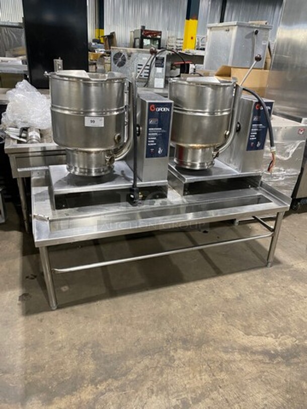 GREAT! Groen Commercial Electric Powered Tilting Soup Kettle! On Equipment Stand! All Stainless Steel! On Legs!  Model: TDB40 SN: 86389 & SN: 86387 208V 60HZ 3 Phase