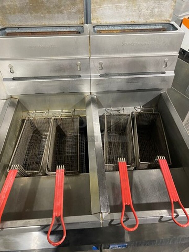 NICE! Pitco Frialator Commercial Natural Gas Powered 2 Bay Deep Fat Fryer! With Left Side Dumping Station! With Backsplash! All Stainless Steel! With Metal Frying Baskets! Model F14RS-V Serial G99E013020! On Casters! - Image 5 of 12
