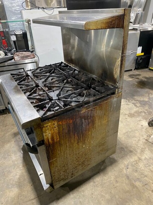LATE MODEL! Radiance Commercial Natural Gas Powered 6 Burner Stove! With Raised Back Splash And Salamander Shelf! With Oven Underneath! All Stainless Steel! On Casters! WORKING WHEN REMOVED! - Image 2 of 8