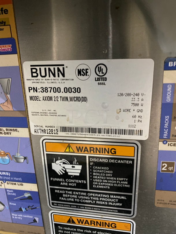 Bunn Commercial Countertop Dual Coffee Brewing Machine! With 4 Coffee Pot Warming Stations! All Stainless Steel! On Small Legs! Model: AXIOM2/2TWIN SN: AXTN012812 120/208/240V 60HZ 1 Phase - Image 8 of 10