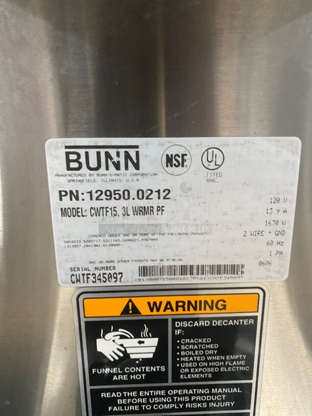 Bunn Commercial Countertop Coffee Brewing Machine! With 3 Pot Warming Stations! With Hot Water Dispenser! All Stainless Steel! Model CWTF15 Serial CWTF345097! 120V 1Phase! - Image 7 of 8
