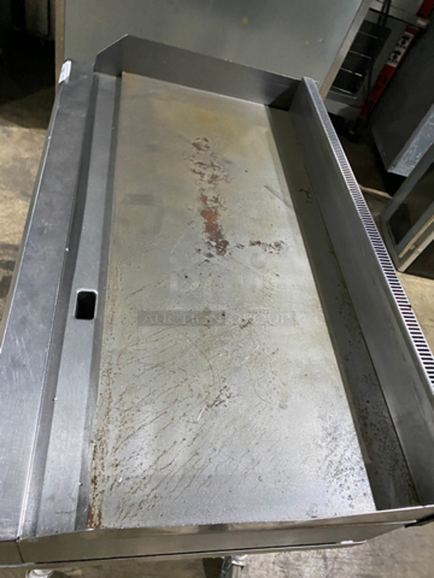 FAB! Commercial Countertop Natural Gas Powered Flat Top Griddle! With Back & Side Splashes! On Equipment Stand! With Underneath Storage Space! All Stainless Steel! On Casters! - Image 5 of 8