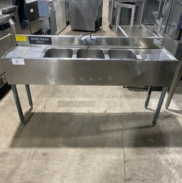 Krowne All Stainless Steel! Three Compartment Under Counter Bar Sink! With Dual Drain Boards! On Legs!