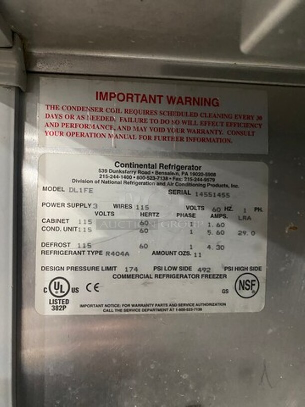 Continental Commercial Single Door Reach In Freezer! All Stainless Steel! MODEL DL1FE SN:14551455 115V 1PH - Image 6 of 8