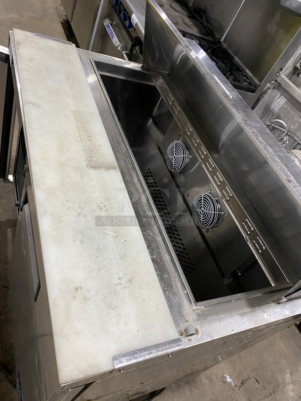 Atosa Commercial Refrigerated Mega Top Sandwich Prep Table! With Commercial Cutting Board! With 2 Door Storage Space Underneath! All Stainless Steel! On Casters! MODEL: MSF8302 SN: MSF8302AUS100317022300C40028 115V 1PH!  - Image 8 of 9