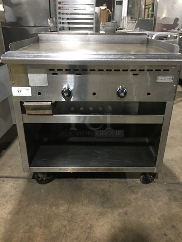 Rankin Delux Commercial Natural Gas Powered Flat Top Griddle! With Thermostat Controls! With Back And Side Splashes! With Storage Underneath! All Stainless Steel! On Casters! Model: RD8036 SN: BS121932