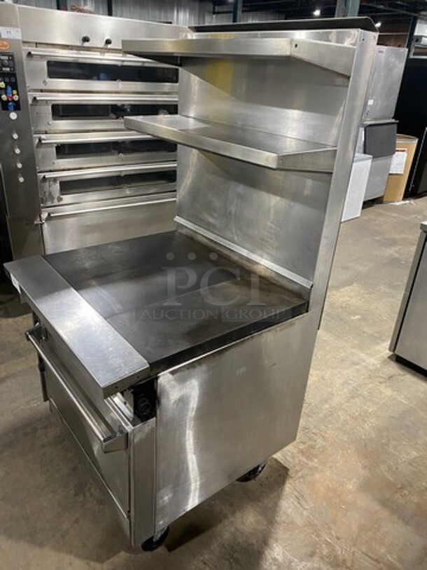 Jade Range Commercial Natural Gas Powered French Top/Hot Plate Stove! With Full Size Oven Underneath! With Metal Oven Racks! With Backsplash And Double Overhead Shelves! All Stainless Steel! On Casters! - Image 2 of 9